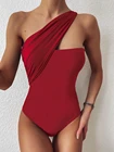 Женский классический слитный купальник на одно плечо, однотонный купальник с лямкой через шею, пляжная одежда, летний купальный костюм, 2021