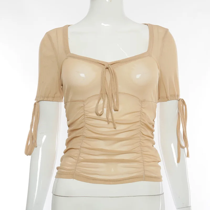 

2021 Summer Slim Women tshirt Sexy Elegant Skinny Mesh Patchwork Short sleeve Fashion trend casual streetwear woman Crop Top