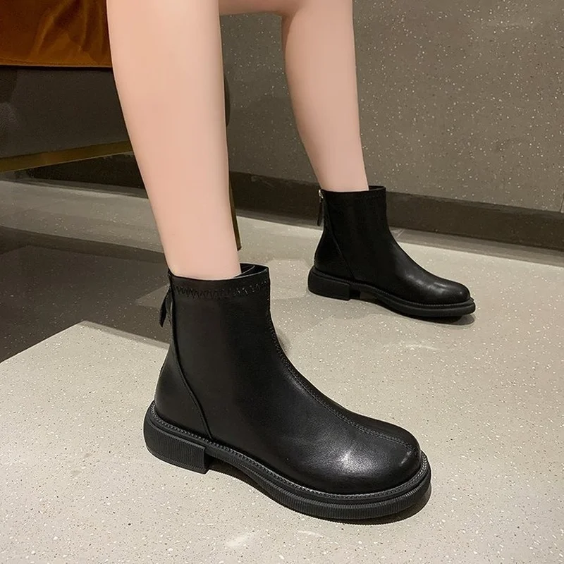 

Europe 2021 New Fashion Platform Boots Women Back Zipper Short Boots Thick Heel Round Shoes for Women Luxury Ankle Boots