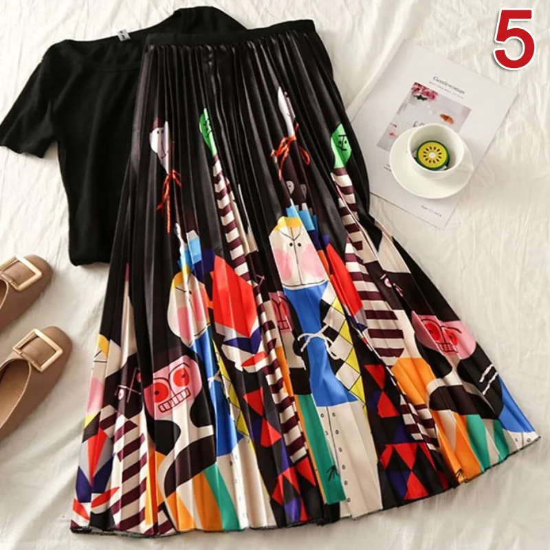 

New Arrival Summer Vintage Midi Long Skirt High Waist Printed Pleated Plus Size Chiffon