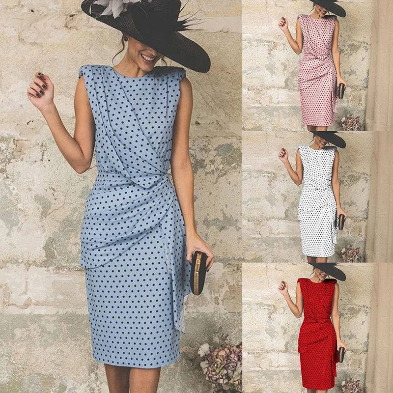 

Summer Female Knee Length Midi Dress Women Vintage Women Dress 2021 Dot Sleeveless Sheath Bodycon Sexy Elegant Womn Party Dress