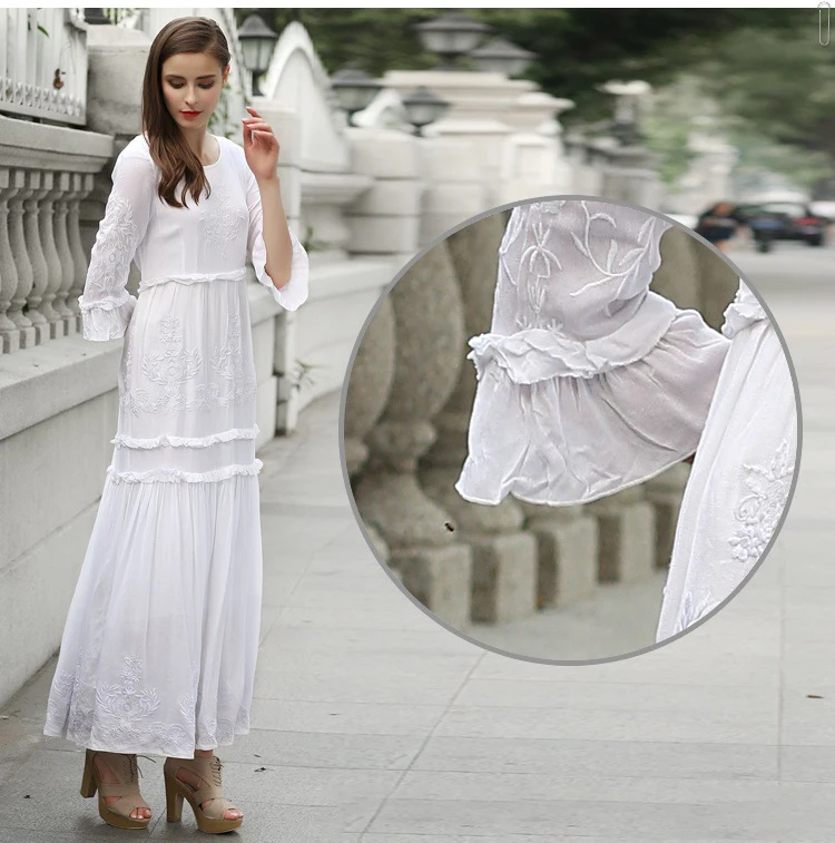 Boho, красное, белое, с вышивкой, макси платье, для женщин, осень, лето, с оборками, элегантные платья,, для девушек, одноцветное, хиппи, Пляжное, длинное платье