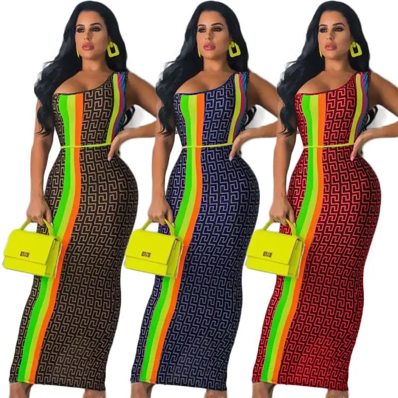 Сексуальное платье на одно плечо 2019 Лето поступление в радужную полоску принт