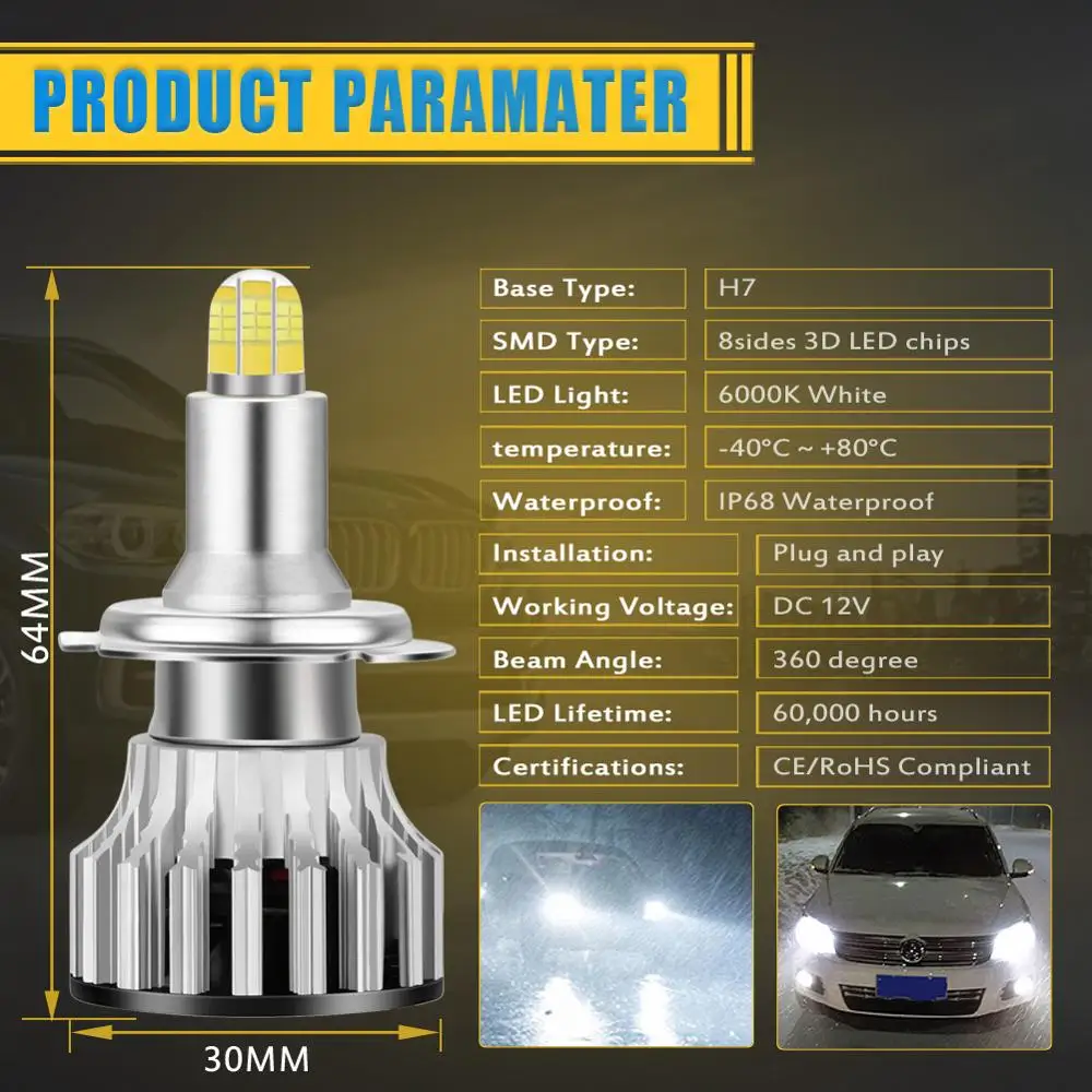 2x H7 H1 светодиодный налобный фонарь для автомобиля H11 9005 9006 белый Мерседес Тойота