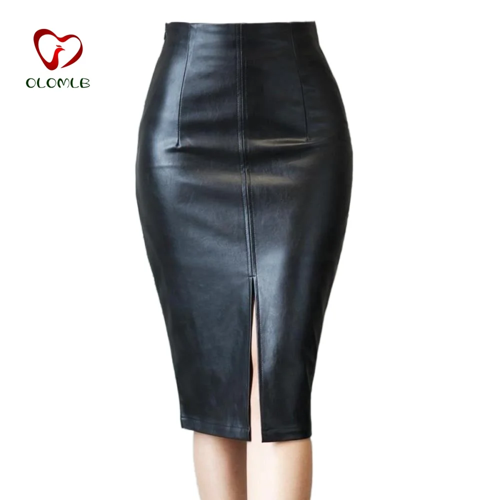 

Black PU Leather Skirt Women 2020 New Midi Sexy High Waist Bodycon Split Skirt Office Pencil Skirt Knee Length