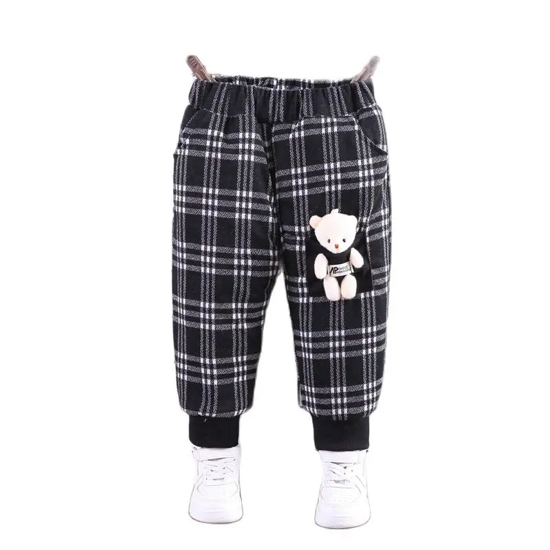 

New Boys and Girls Winter Plus Velvet and Cotton Plaid Pendant Animal Double Pocket Black Warm Pants