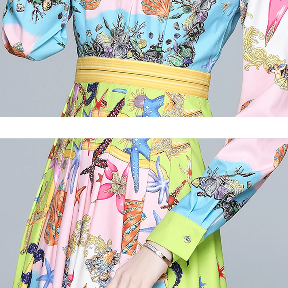 

Banulin 2021 Spring Runway Floral Midi Dress Women's Long Sleeve Vintage Floral Print Elegant Party Pleated Dress Vestidos