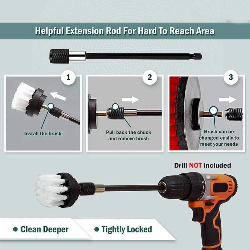 

Drill Brush Set, Extend Long Attachment, Scrub Pads, Sponge, Power Scrubber Cleaning Kit for Grout, Tile, Carpet, Sink, Bathtub,