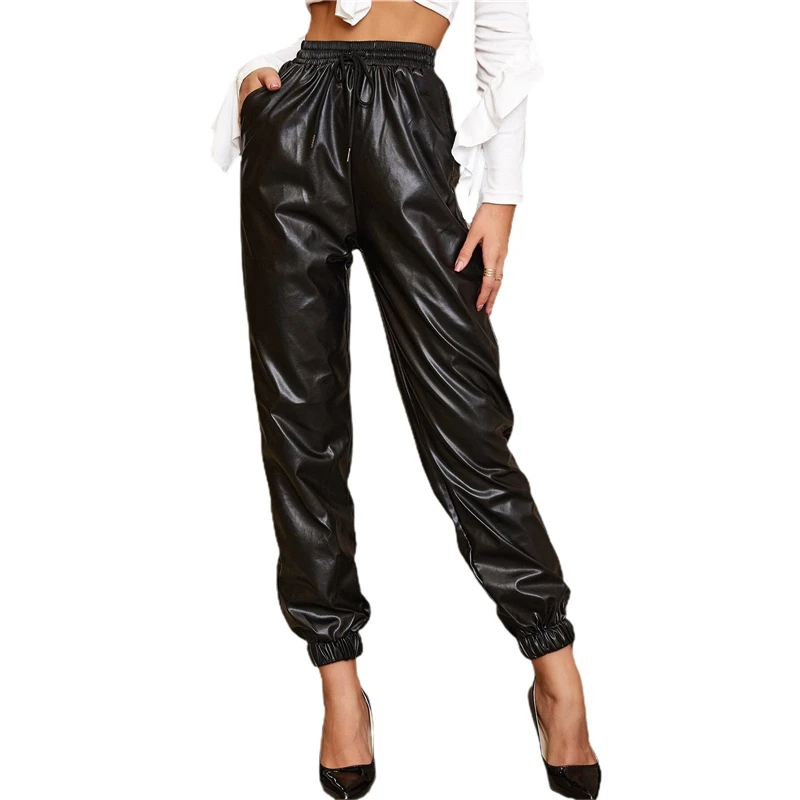 

Women Solid Color Trousers, Adults High Waist PU Leather Ankle-tied Pants with Drawstring Slant Pocket