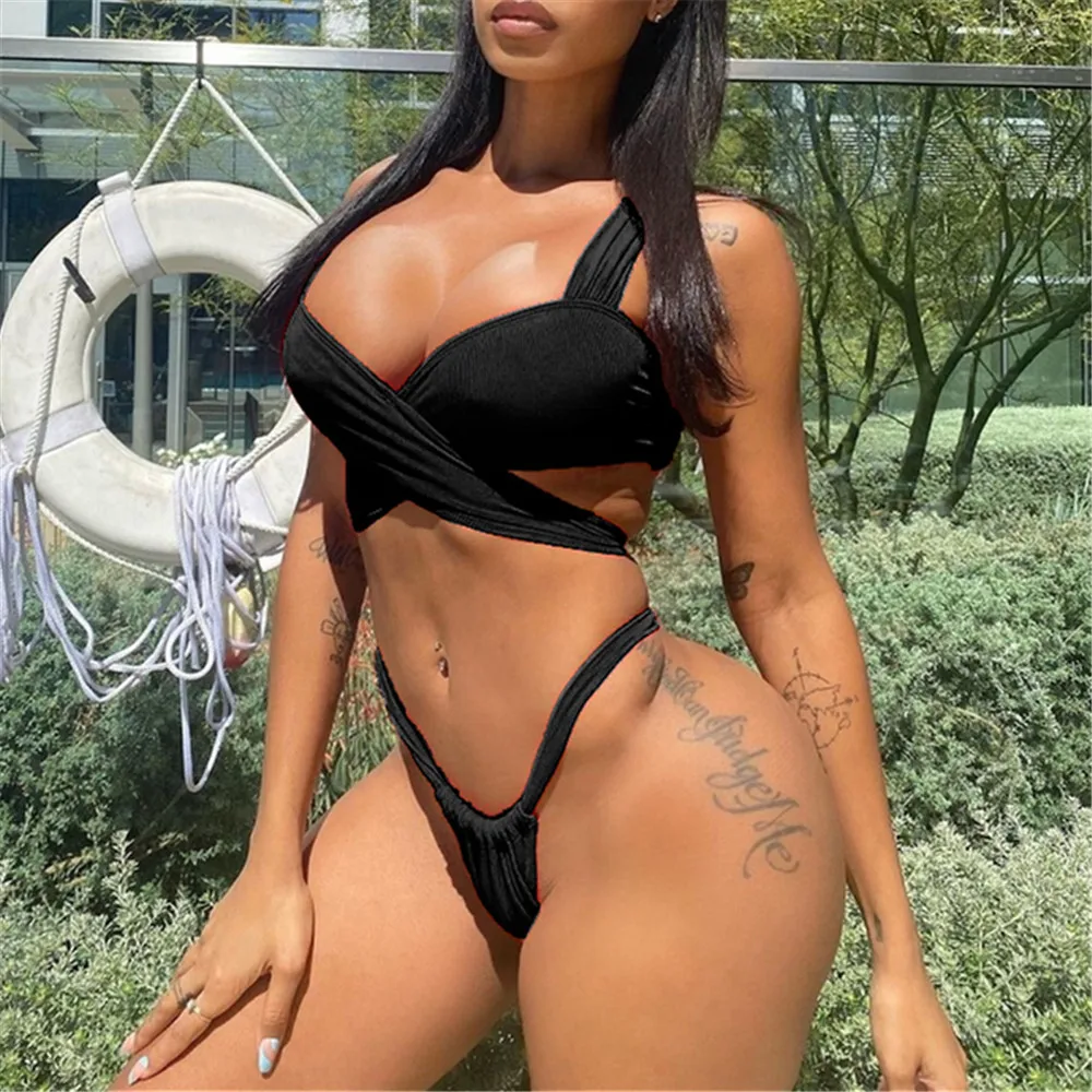 

Push Up Cross Strap Bandage Bikinis Set Women Sexy Two Pieces Swimsuit 2022 New Girls Beach Bathing Suits Swimwear Black Red