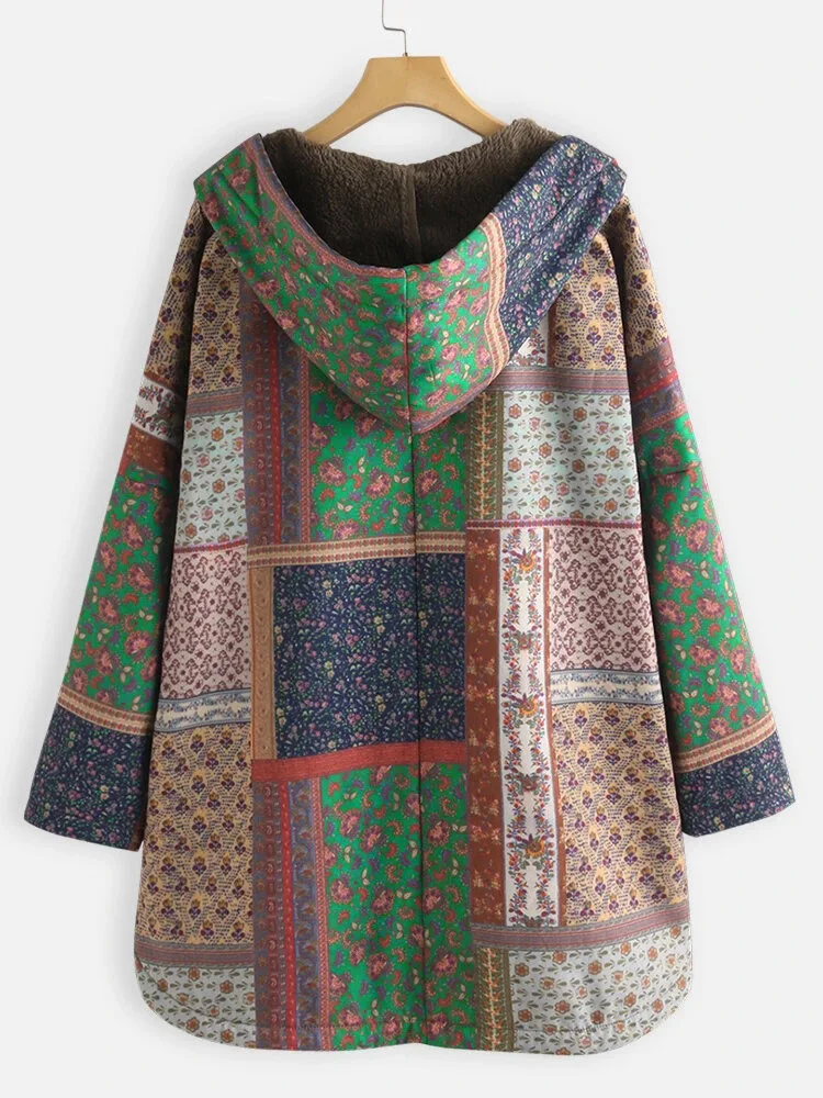 Retro Boho Cotton Jacket Parkas Casual Ethnic Print Fleece Hooded Warm Coat Women Outwear Loose Plus Size M-5XL Winter Clothes