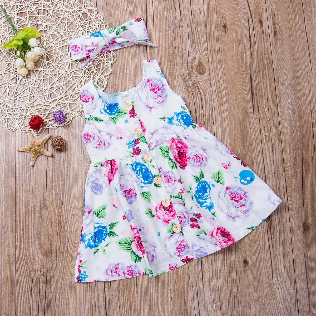 

2020 Newest Summer Clothes Toddler Baby Girl Clothes Sleeveless Flower Print Dress Headband Outfit Casual Dress Sundress