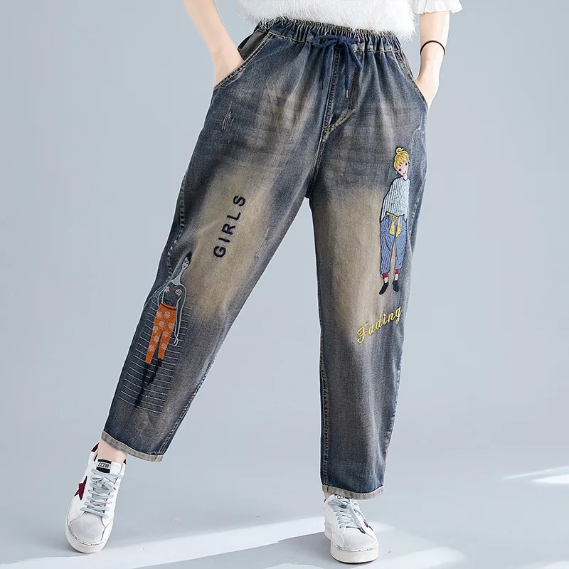 Женские джинсы с высокой талией Johnature свободные шаровары вышивкой и эластичной