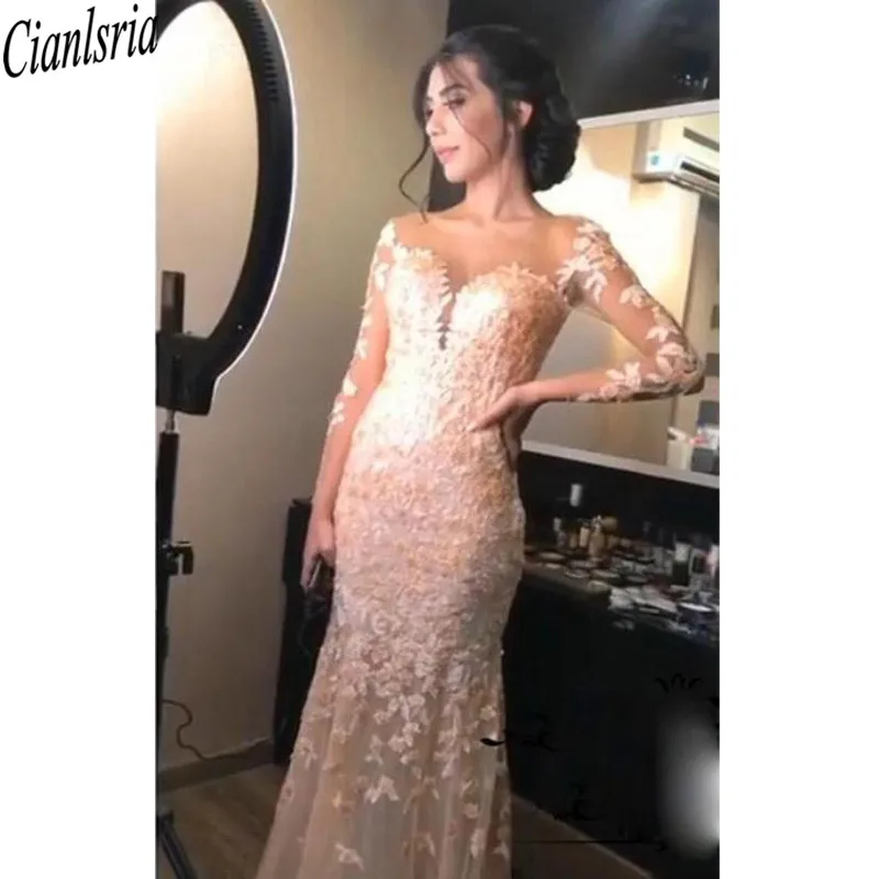 overskrit prom dresses mermaid sheer neckline illusion long sleeves evening gowns appliques backless with detachable train