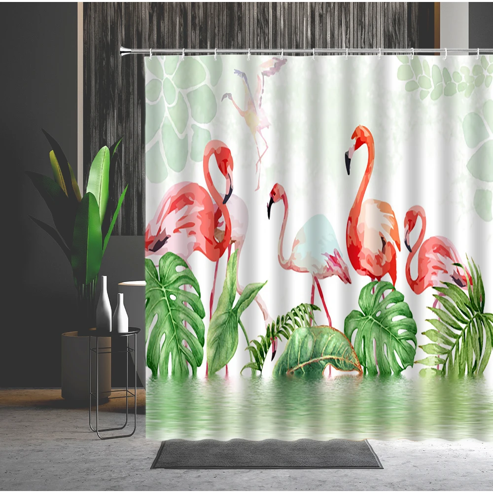 

Водонепроницаемая душевая занавеска с рисунком фламинго, пальмовых листьев, тропических животных, простота, 3D печать, перегородка для ванной с крючками, занавеска для ванной s