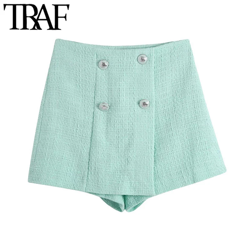 

FAKUNTN Women Chic Fashion With Buttons Tweed Shorts Skirts Vintage High Waist Side Zipper Female Skorts Mujer