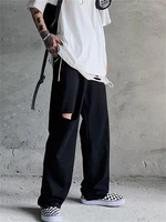 men straight pants spring and autumn new japanese hip hop street pure color broken hole design leisure large pants