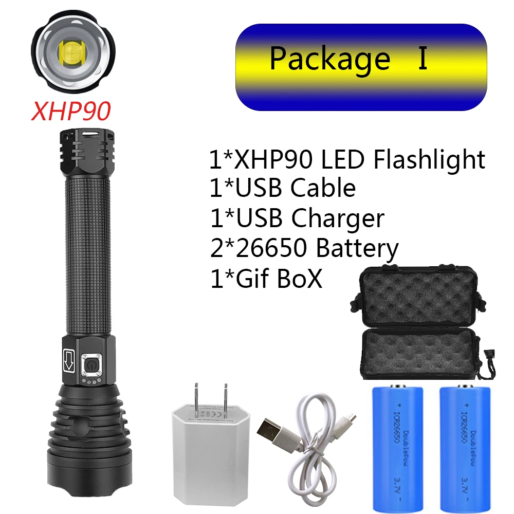 Package I Самый мощный светодиодный светильник XHP70 с подзарядкой от USB, фонарь с зумом XHP50, ручная лампа 26650, 18650, светильник с батареей - Испускаемый цвет: Package I