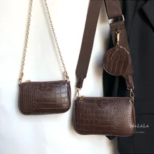 Pu Leather Ladies 3 Bag Set Wallet Vintage Crocodile Women Shoulder Bag Luxury Designer Wide Strap Crossbody Bag Chain Sling Bag