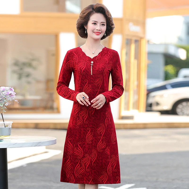

2021 New Autumn Dress Women's Mid-length Dress Middle-aged Long sleeve Dresses Stretch Jacquard Fabric Mom Femme Dress