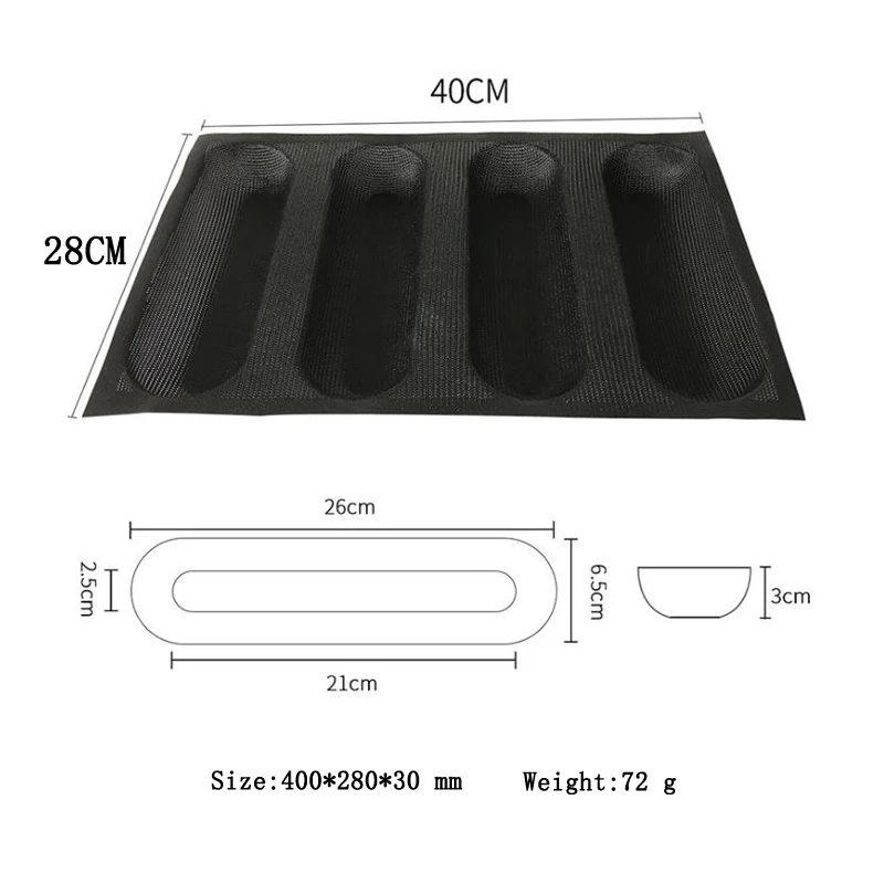 Черная прессформа для хлеба 4 полости силиконовая форма длинный квадрат багет