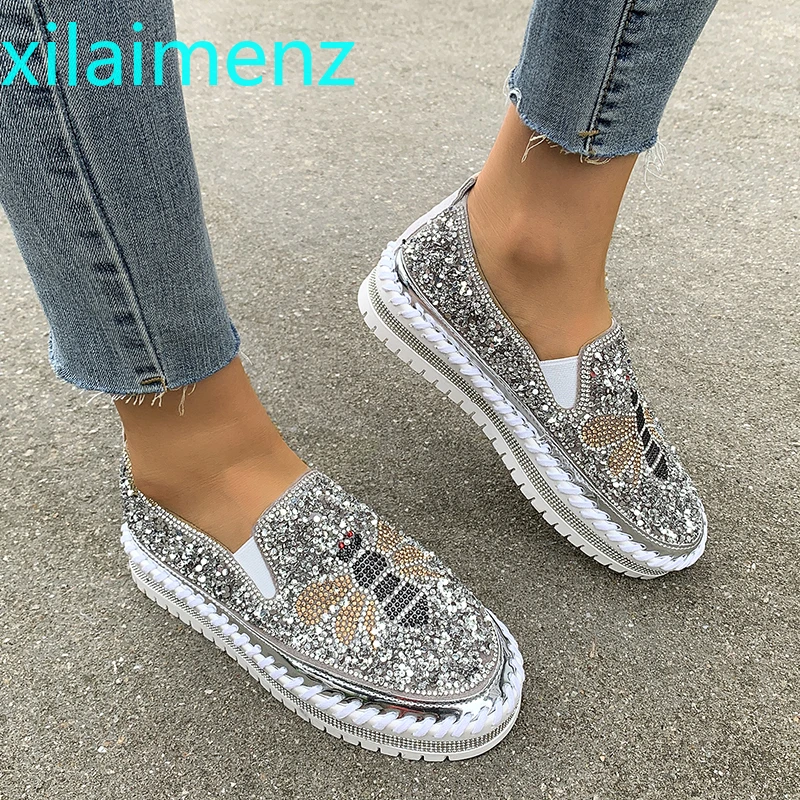 

Flat with Shoes Women Men Flats Sequined Cloth Revits Couple Platform Woman Shoes Bling Crysta Black Flat Heels Shoe size 36-43