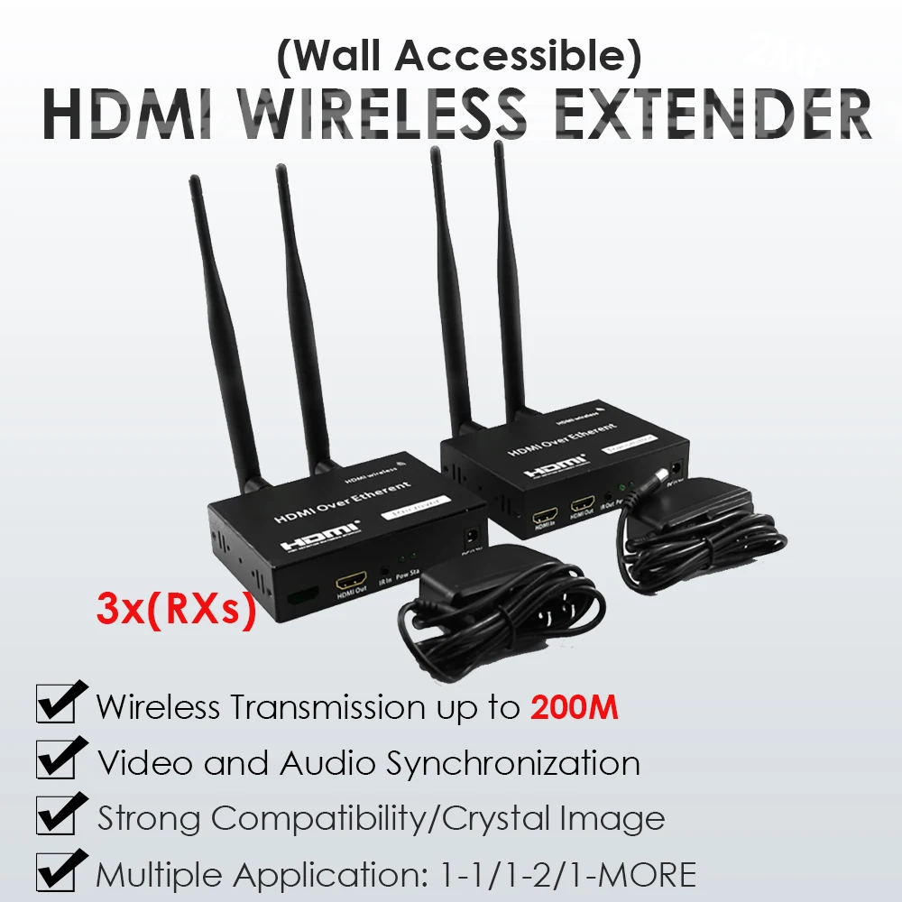 

200M WiFi Wireless HDMI 1080P Extender HDMI1.3 Dual Bands 2.4G/5G IR Remote Control W/1x Transmitter 3x Receivers HDCP 1.2