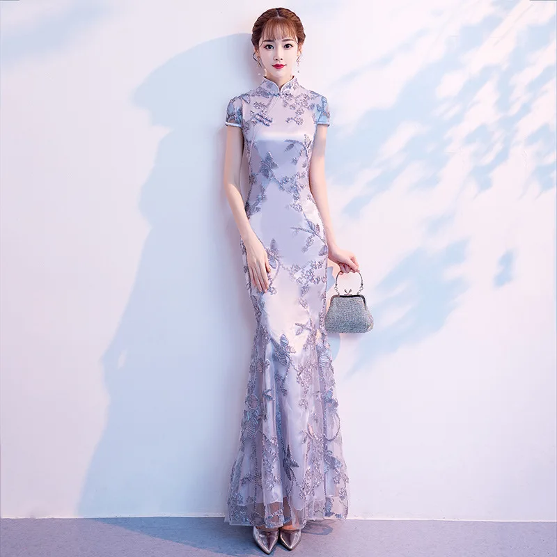 

Women Exquisite Butterfly Appliques Trim Novelty Qipao Gray Elegant Chinese Formal Party Dress Sexy Slim Long Cheongsam
