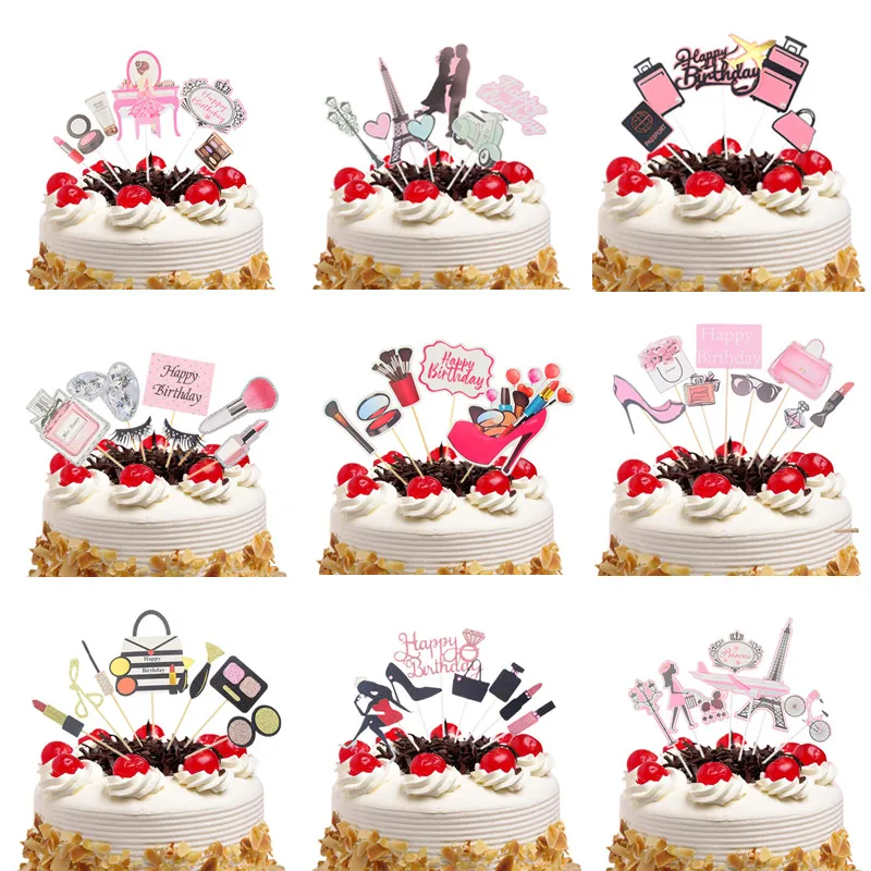 

Perfume Lipstick Cake Toppers Flags Butterfly DIY Cupcake Topper Happy Birthday Wedding Bride Party Baby Shower Baking Decor