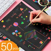 scratch art set 50 piece rainbow magic scratch paper for kids black scratch off art notes boards with 5 wooden stylus f