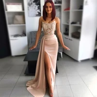 sevintage high side split satin mermaid prom dresses lace appliques sleeveless evening gowns dubai women formal party dress
