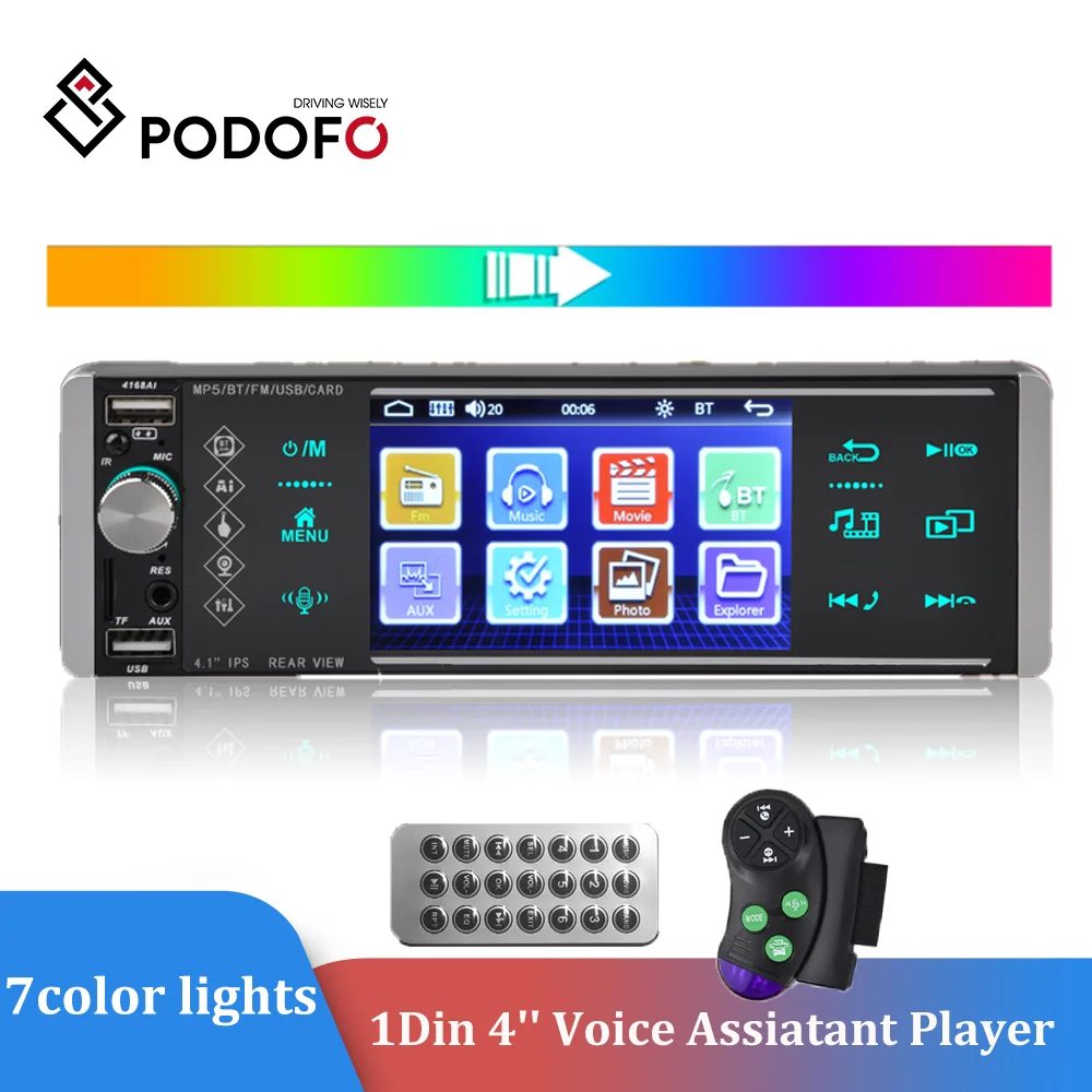 

Podofo 1Din 4'' HD Car MP5 Radio Video Player Bluetooth 4.2 Autoradio FM AUX USB SD DVR with Music Movie Player Voice Assiatant