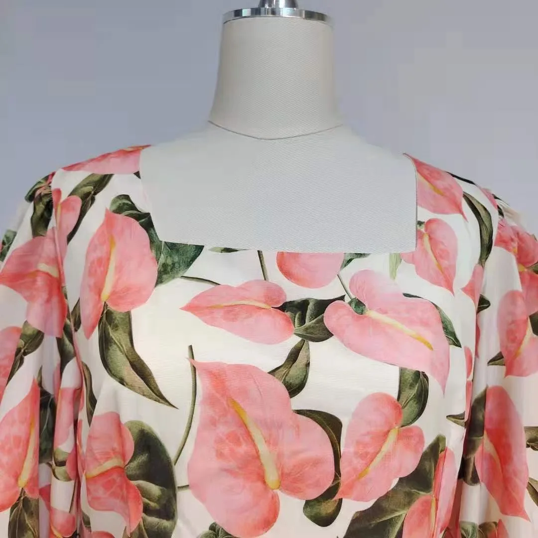 

Summer dress pure cotton 3D printing ruffled pleated dress 2021New summer ladies fashion square collar office tutu skirt Bing XL