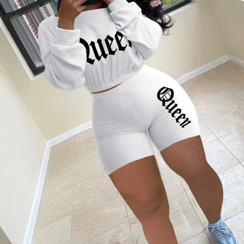 

Summer Women's 2 Piece Sportswear Ladies Suit Women Joggers Women's Casual Letter Long Sleeve Top and Shorts Elastic Suit