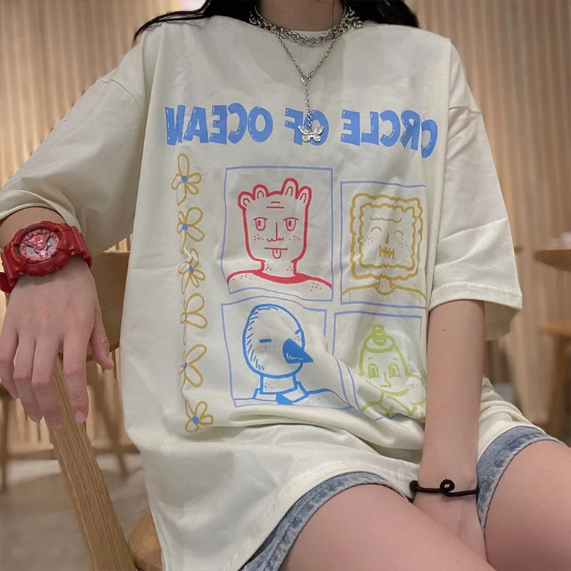 Preppy Style Summer Loose Large T-shirts Women 2021 Hand-Painted Print Oversize Shirt White O-neck Casual Boyfriend Lovers Tops