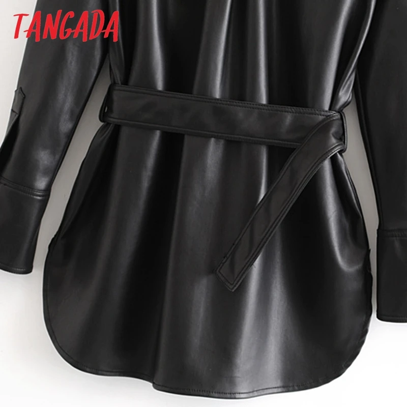 Tangada, Женская куртка из искусственной кожи, пальто с поясом, отложной воротник, Дамское пальто с длинным рукавом в стиле бойфренда, большие размеры, черное пальто 6A308