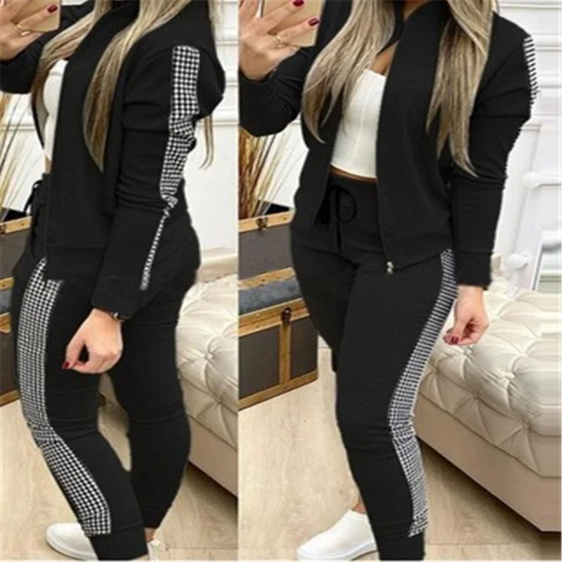 

Women Stitching Plaid Casual Suit Autumn Winter Long Sleeve Zipped Stand Collar Coat + Lace Up Slim Fit Pencil Pants 2 piece set
