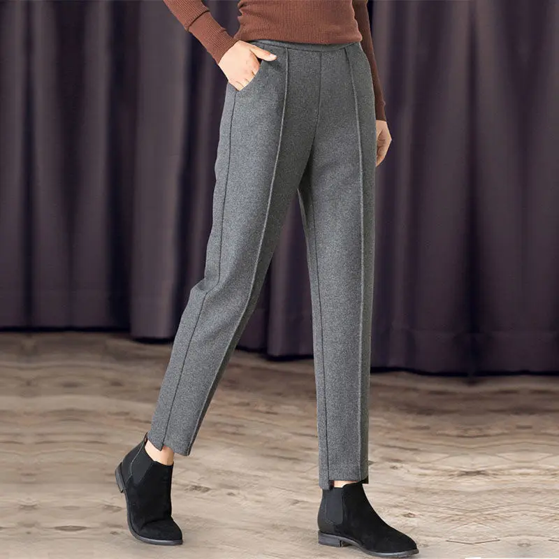 

2021 Spring Autumn Woman High Quality Casual Oversized Woolen Harem Pant Female Basic Fashion Lady Elastic Waist Trousers H139