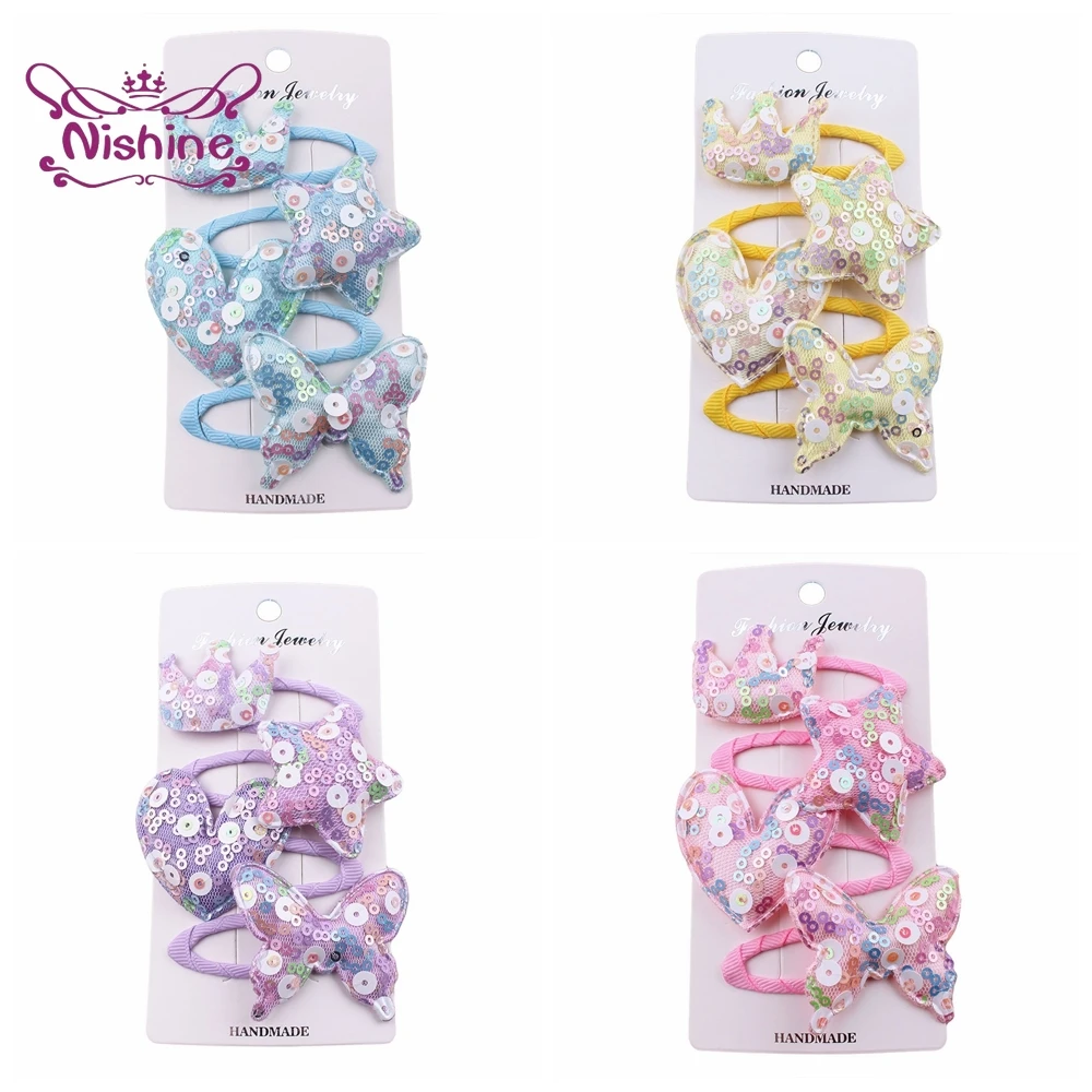 

4 шт./лот блестками Корона BB зажимы детские носки с бантиком, челка заколка для волос для маленьких девочек; Повязка на голову аксессуары При...