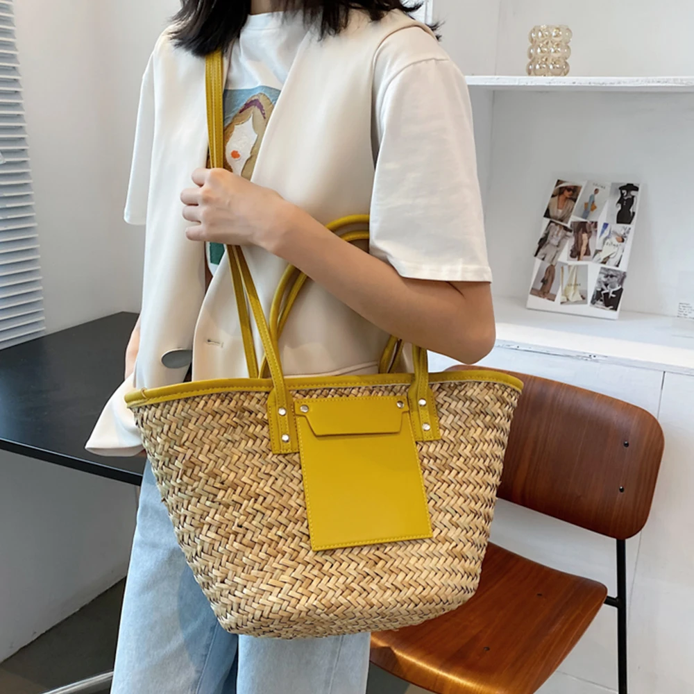 

Casual Rattan Bag Tote Women Handbags Bohemia Rattan Pu Splicing Straw Bag Summer Basket Beach Bags Travel Wicker Handbags