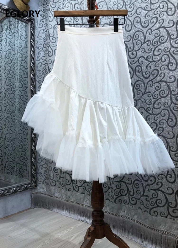 

100%Cotton Women's Skirt 2021 Spring Summer Sexy Party Ladies Ruffle Mesh Patchwork Sexy Asymmetrical Skirts White Black Color