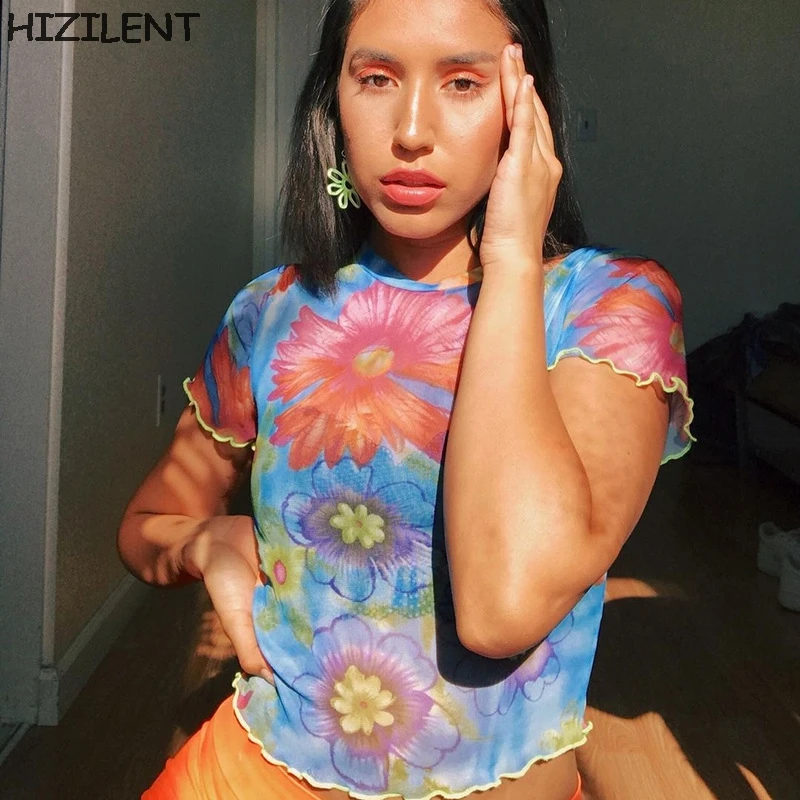 Цветочный принт Топ y2k детская модная футболка прозрачной сетки для женщин в