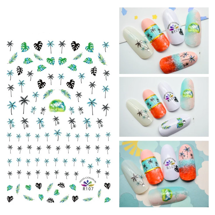 

3D Stickers for Nails Self-adhesive Design Leaf Coconut Tree Grass Nail Art Decorations Decals Foil Wrap Manicure Accessories