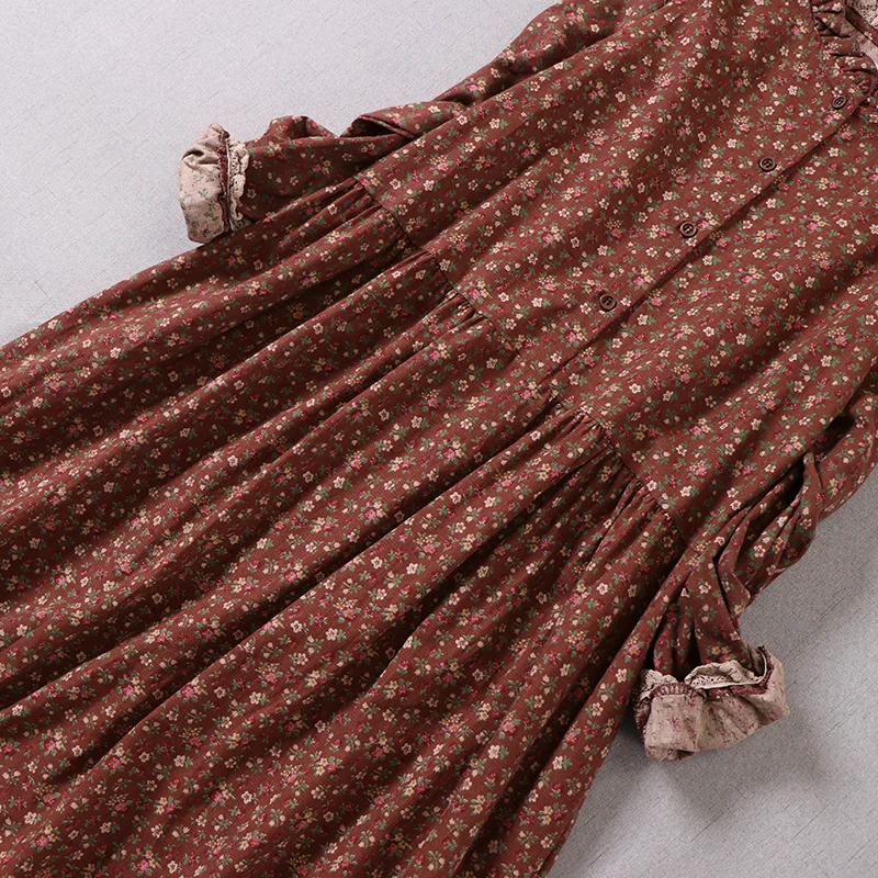 

2020 Japan Style Mori Girl Literary Print Dress Autumn New O-Neck Long Sleeve Ruffle Loose Long Dress Women