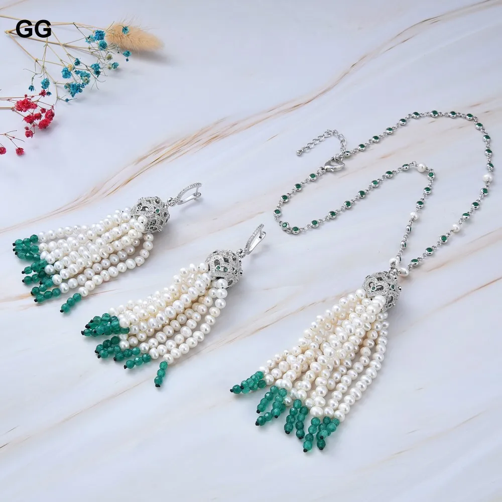 

GG Jewelry Naural White Pearl Green Agates Pendant CZ Chain Necklace Earrings Sets Cute Style For Lady Women Gift Jewelry