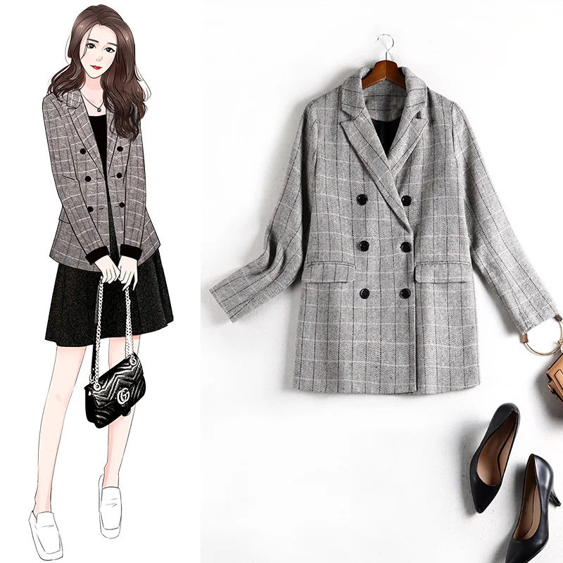 

Женское пальто в шотландскую клетку, свободная приталенная Повседневная элегантная верхняя одежда для отпуска, новая модель, цвет серый