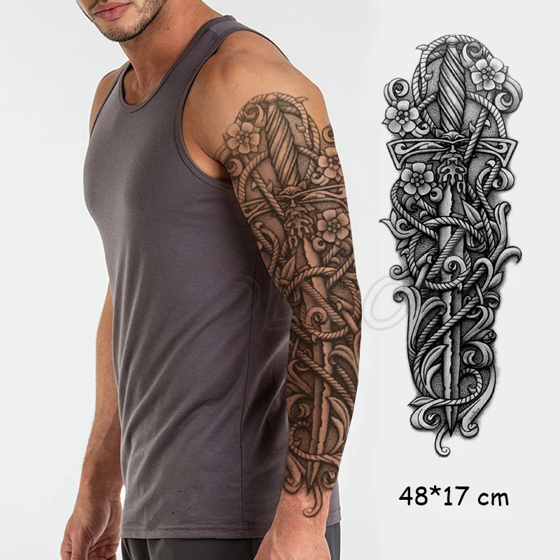 

waterproof temporary tattoo sticker full arm vines around sword flower manly tatoo fake tatto flash sleeve tattoos to man woman