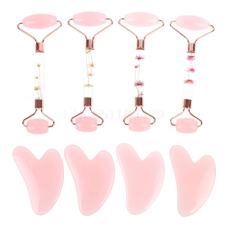 

2pcs/set Pink Face Massager Double Head Roller Rose Quartz Stone Gua Sha Slimmer Lift Wrinkle Remover Beeswax