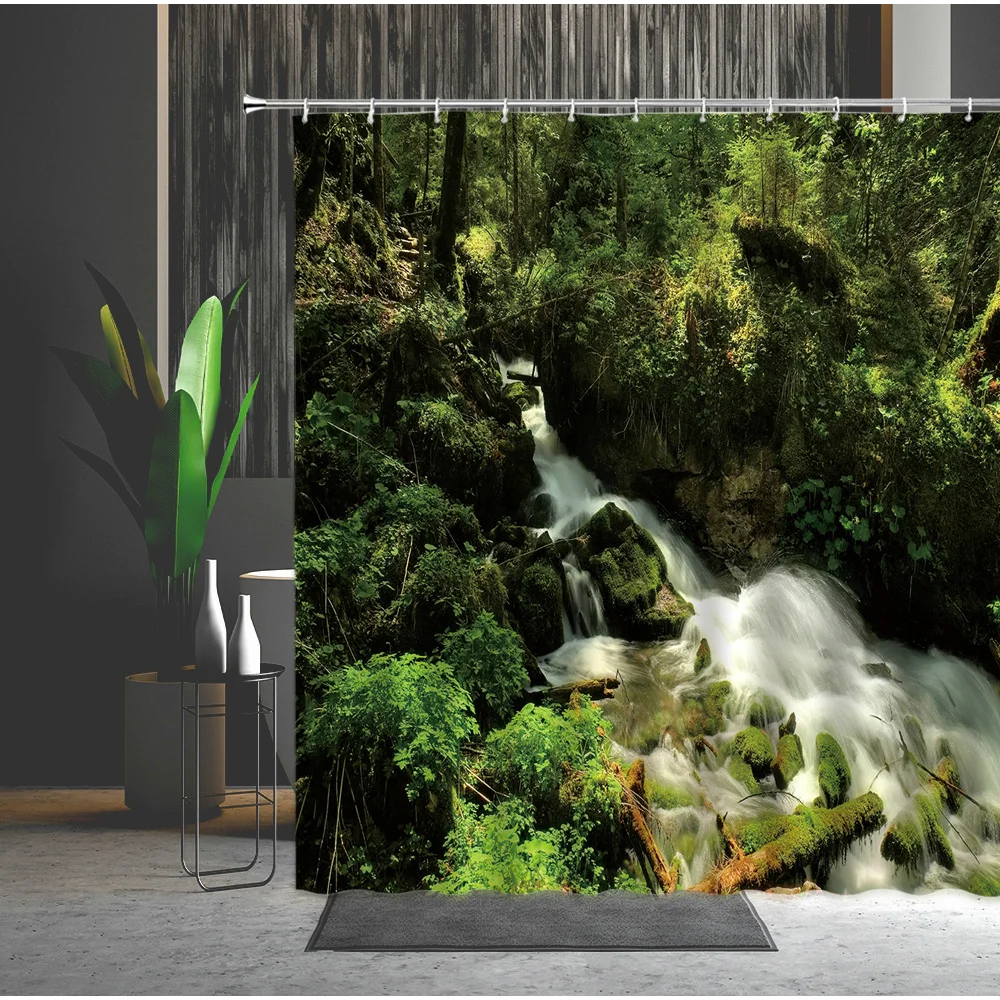 Природные пейзажи Душ Шторы &quotВодопад&quot зеленый лес весенний пейзаж Ванная