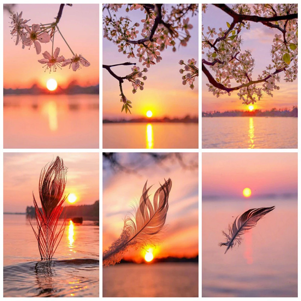 

EverShine Diamond Painting Feather Cross Stitch 5D DIY Diamond Mosaic Sunset Picture Of Rhinestones Landscape Bead Embroidery